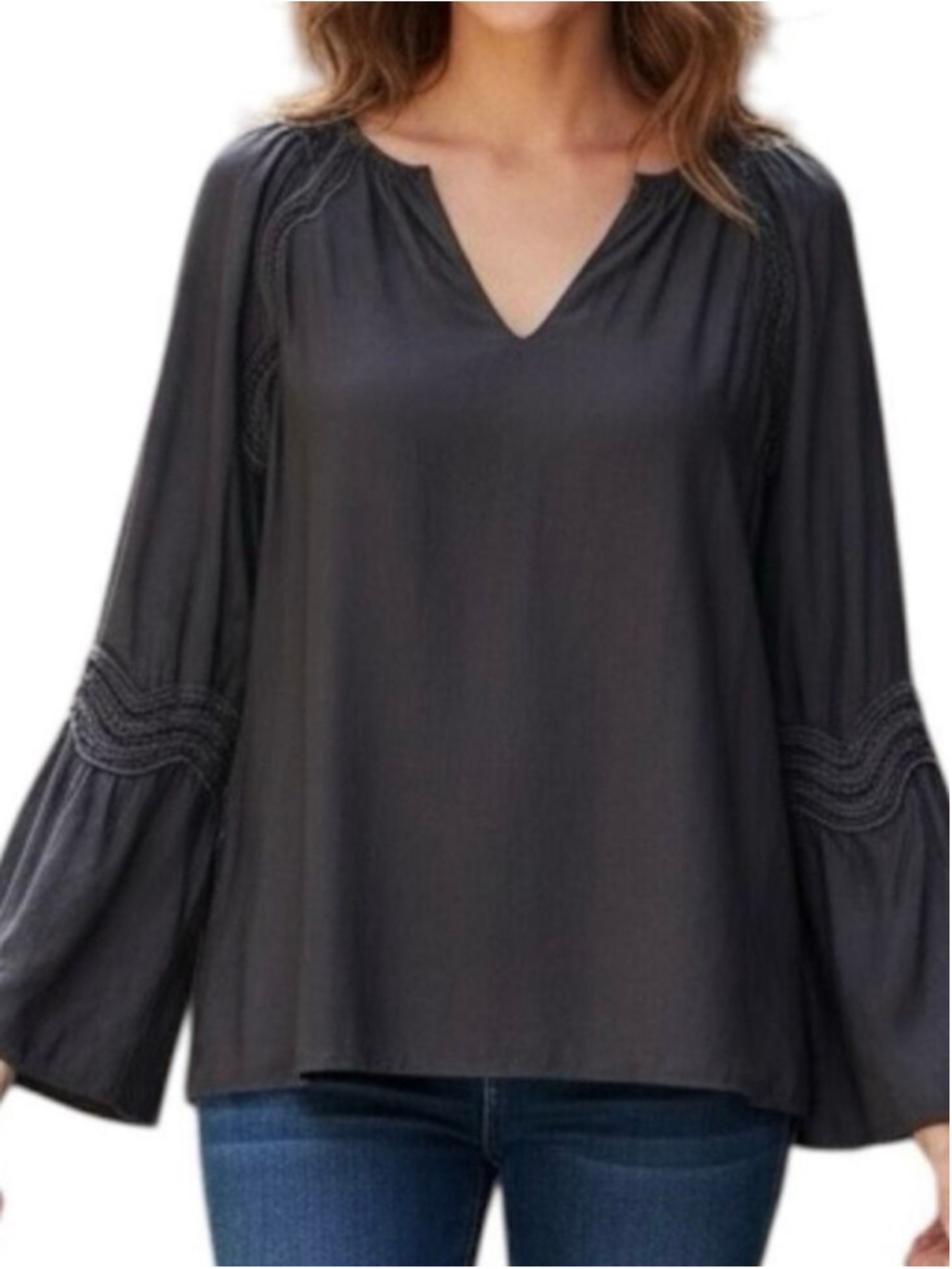 RAMY BROOK DARK GREY LONG SLEEVE BLOUSE TOP SIZE XS BELL SLEEVE